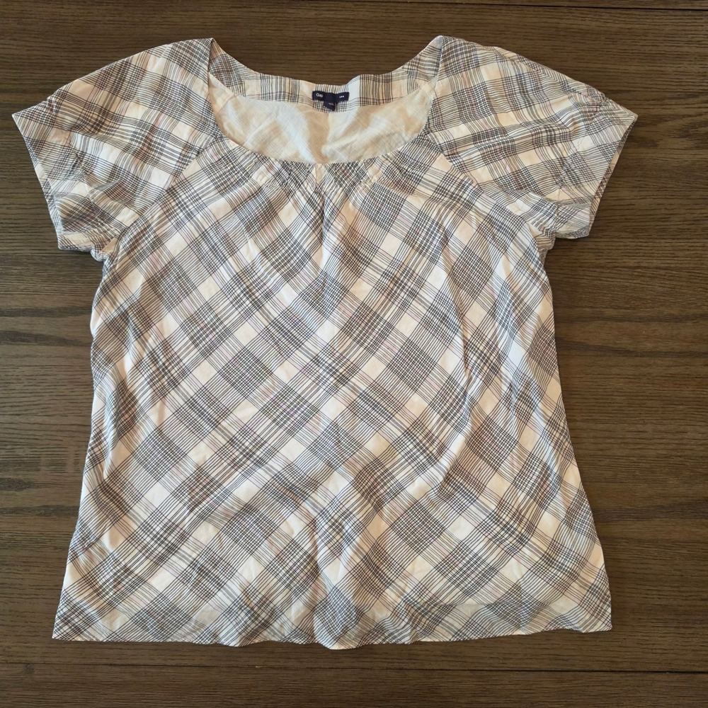 Gap Womens XL Plaid Short Sleeve Scoop Neck Blouse Top White Gray Pink